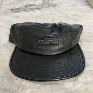 Supreme black leather 5 panel Hat